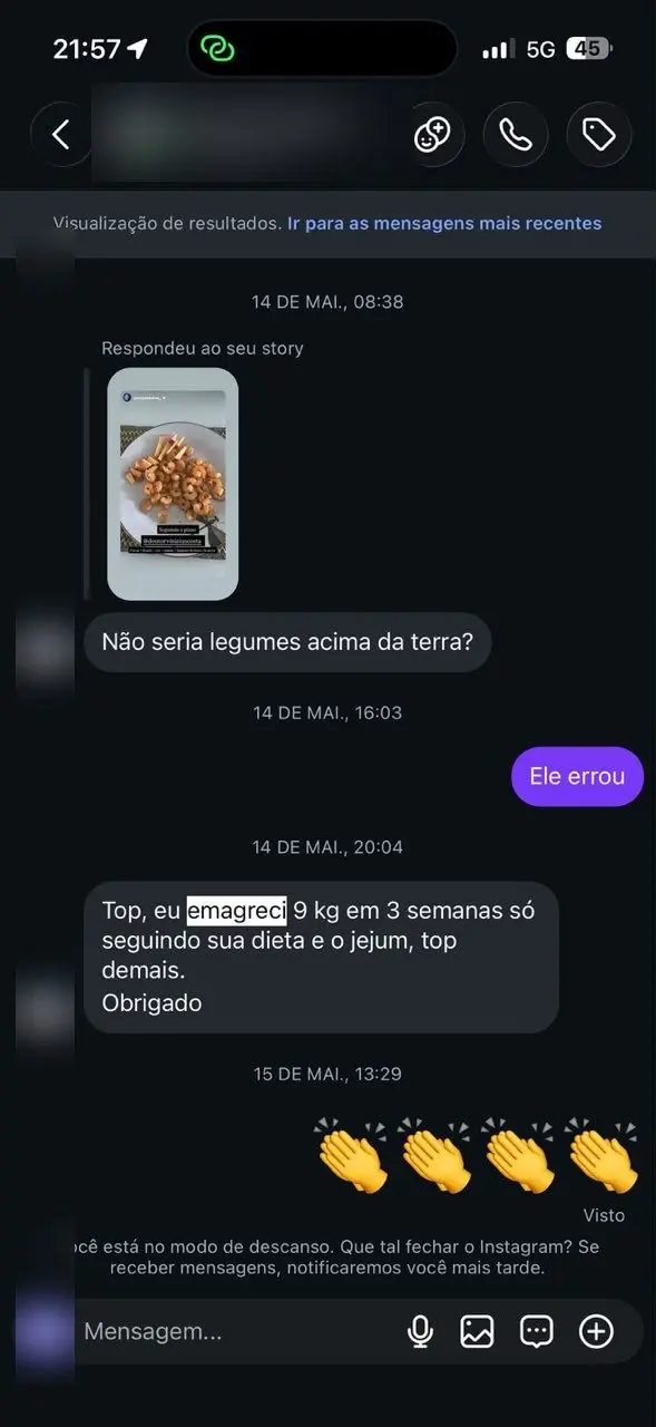 Mensagem relatando perda de 9 quilos em 3 semanas