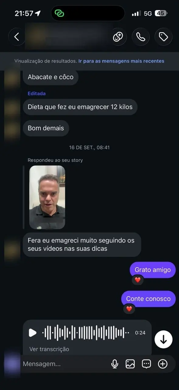 Mensagem relatando perda de 12 quilos