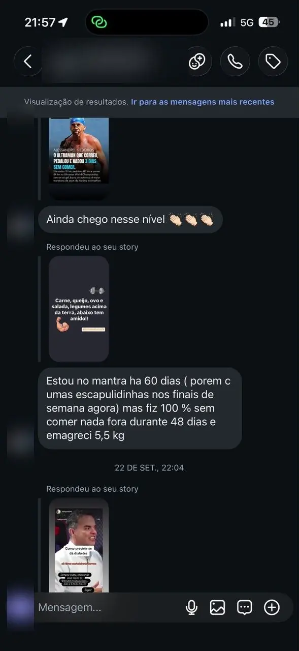 Mensagem relatando perda de 5,5 quilos em 60 dias