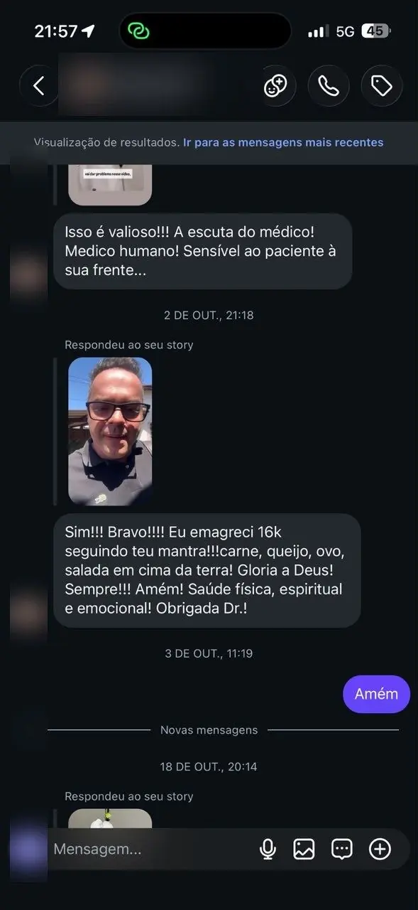 Mensagem relatando perda de 16 quilos