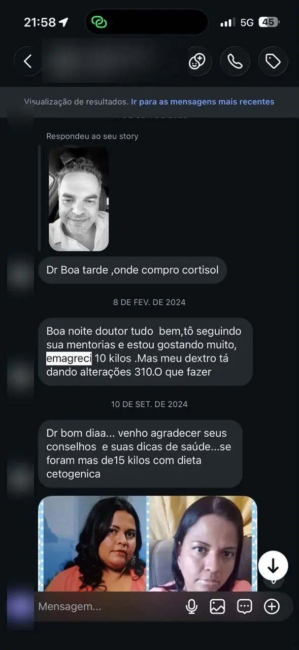 Mensagem relatando perda de 10 quilos