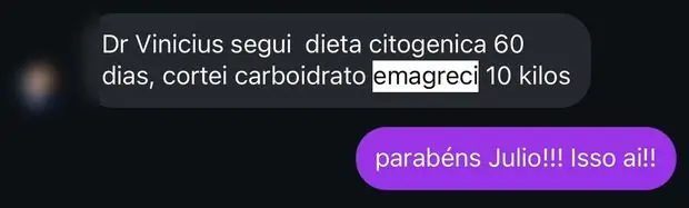Mensagem relatando perda de 10 quilos em 60 dias