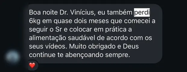 Mensagem relatando perda de 6 quilos em dois meses