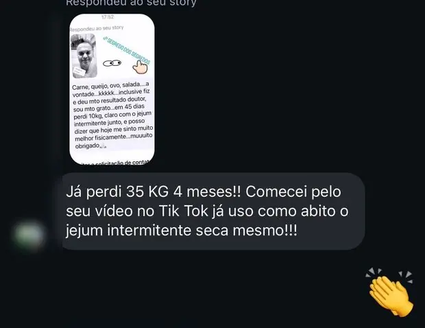 Mensagem relatando perda de 35 quilos em 4 meses